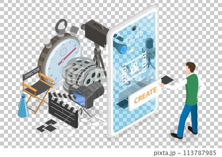 3D Isometric Flat Concept of Mobile Video Editing App. 3D Isometric Flat Concept of Mobile Video Editing App. 113787985