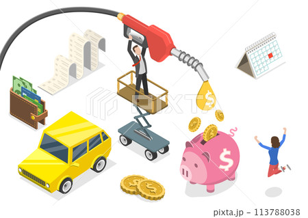 3D Isometric Flat  Conceptual Illustration of Fuel Economy. 113788038