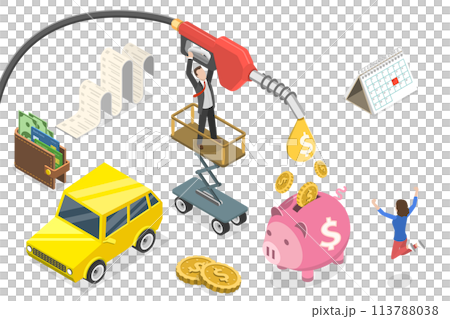 3D Isometric Flat  Conceptual Illustration of Fuel Economy. 113788038