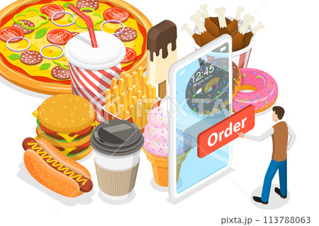 3D Isometric Flat Conceptual Illustration of Food Mobile Booking. 3D Isometric Flat Conceptual Illustration of Food Mobile Booking. 113788063