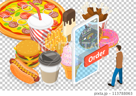 3D Isometric Flat Conceptual Illustration of Food Mobile Booking. 3D Isometric Flat Conceptual Illustration of Food Mobile Booking. 113788063