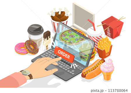 3D Isometric Flat Conceptual Illustration Online Food Order App. 3D Isometric Flat Conceptual Illustration Online Food Order App. 113788064