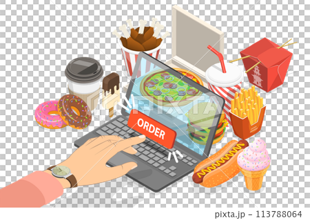 3D Isometric Flat Conceptual Illustration Online Food Order App. 3D Isometric Flat Conceptual Illustration Online Food Order App. 113788064