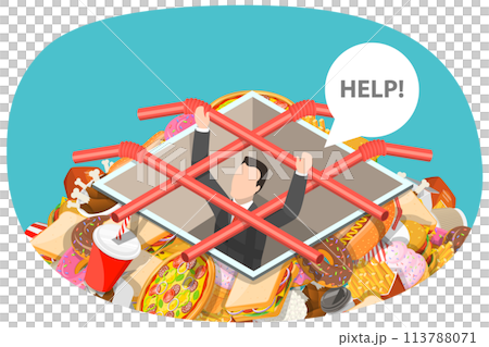 Fast Food Trap, Unhealthy Nutrition Eating Risks and Harmful Effects. 113788071