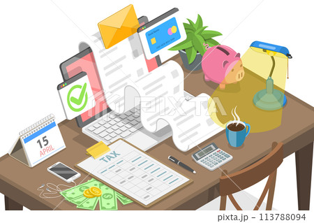 3D Isometric Flat  Landing Page Template for Financial Tax Report. 113788094