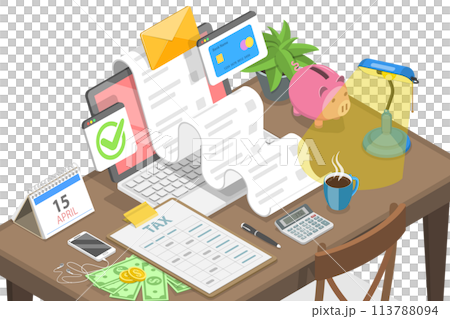 3D Isometric Flat  Landing Page Template for Financial Tax Report. 113788094