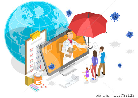 3D Isometric  Conceptual Illustration of Coronavirus Online Consultation. 113788125