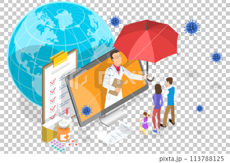 3D Isometric  Conceptual Illustration of Coronavirus Online Consultation. 113788125