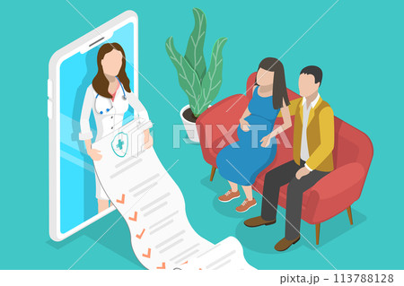 3D Isometric Flat  Conceptual Illustration of Online Pregnancy Consultation. 113788128