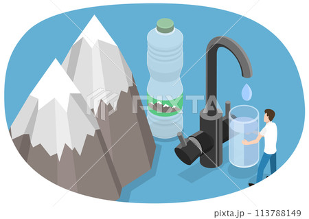 3D Isometric Flat  Conceptual Illustration of Pure Mountain Water. 113788149