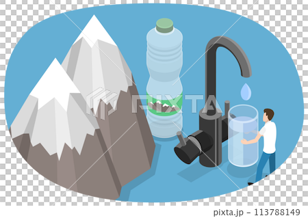 3D Isometric Flat  Conceptual Illustration of Pure Mountain Water. 113788149