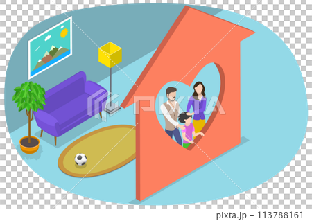 3D Isometric Flat  Conceptual Illustration of Family Home. 113788161