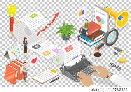 3D Isometric Flat  Conceptual Illustration of Engaging Content Creating. 113788181