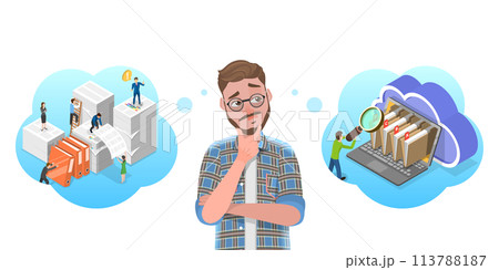 3D Isometric Flat Conceptual Illustration of Paper VS Digital Documents. 3D Isometric Flat Conceptual Illustration of Paper VS Digital Documents. 113788187