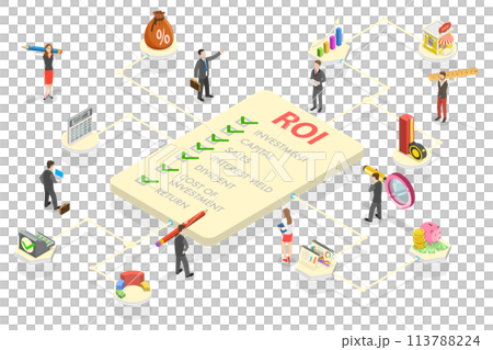 3D Isometric Flat  Conceptual Illustration of ROI - Return on Investment 113788224