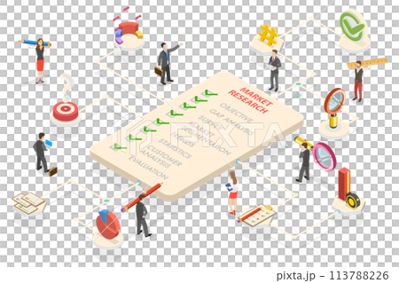 3D Isometric Flat  Conceptual Illustration of Market Research Strategy 113788226