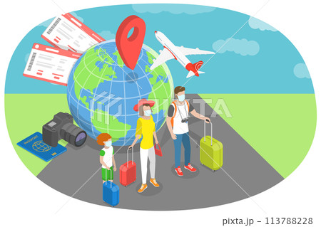 3D Isometric Flat  Conceptual Illustration of Family Travelling During COVID-19 113788228