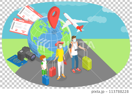 3D Isometric Flat  Conceptual Illustration of Family Travelling During COVID-19 113788228