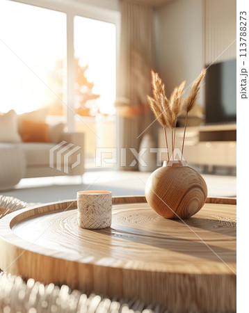 Sunlit wooden table with dried grass decoration and candle Sunlit wooden table with dried grass decoration and candle 113788273