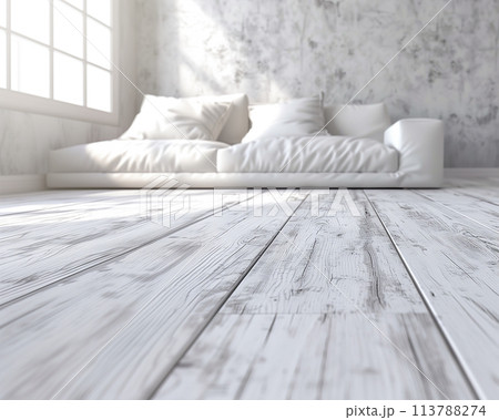 Bright Scandinavian interior with white plush sofa and rustic wooden floors 113788274