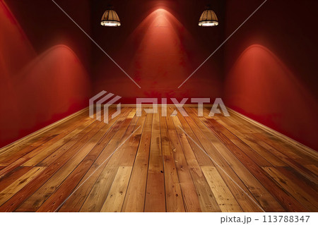 Warm Ambiance in Red Room with Wooden Floor 113788347