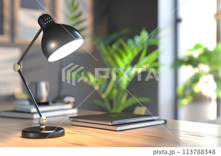 Desk lamp illuminating a workstation with greenery 113788348