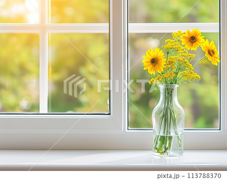 Sunflowers in Vase on Window Sill 113788370