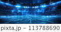 Professional sports arena at night, stadium lights shining brightly, empty seats hinting at upcoming excitement 113788690