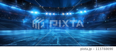 Professional sports arena at night, stadium lights shining brightly, empty seats hinting at upcoming excitement 113788690
