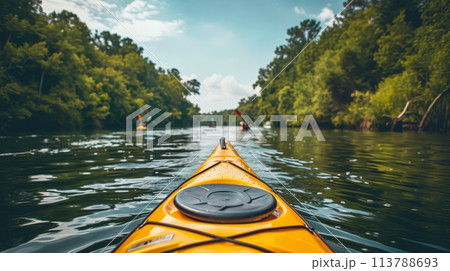 Kayaking on a serene river, surrounded by greenery under a clear blue sky, captured in mid-action shot 113788693