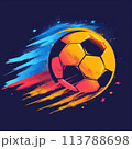 Minimalistic sports logo design featuring bold geometric shapes and contrasting colors, representing a soccer ball in motion 113788698