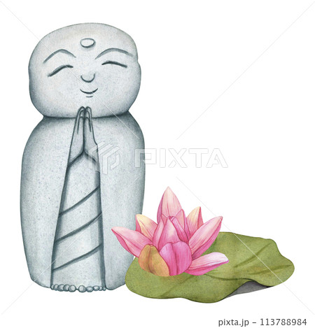 Jizo Bosatsu monk and Buds Pink Lotus from the Japanese Garden. Hand drawn watercolor illustration of Japanese Stone buddha Monk statue. Prayer Statue and tropical Water Lily. Smiling Buddha Figurine 113788984