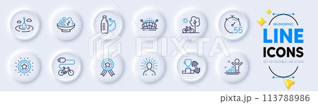Winner ribbon, Sports arena and Salad line icons for web app. Pack of Timer, Winner star, Bicycle pictogram icons. Fishing float, Fitness water, Electric bike signs. Yoga, Dumbbell. Best award. Vector Winner ribbon, Sports arena and Salad line icons for web app. Pack of Timer, Winner star, Bicycle pictogram icons. Fishing float, Fitness water, Electric bike signs. Yoga, Dumbbell. Best award. Vector 113788986