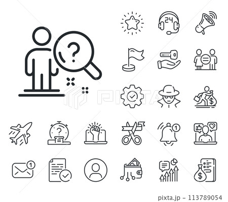 Interview candidate sign. Salaryman, gender equality and alert bell outline icons. Search employee line icon. Question mark symbol. Search employee line sign. Spy or profile placeholder icon. Vector 113789054