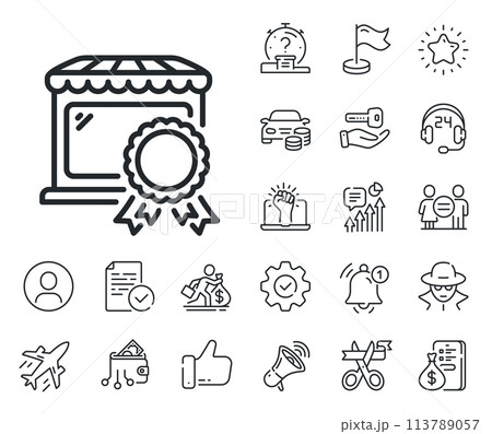 Certified store sign. Salaryman, gender equality and alert bell outline icons. Best market line icon. Retail marketplace award symbol. Best market line sign. Spy or profile placeholder icon. Vector Certified store sign. Salaryman, gender equality and alert bell outline icons. Best market line icon. Retail marketplace award symbol. Best market line sign. Spy or profile placeholder icon. Vector 113789057