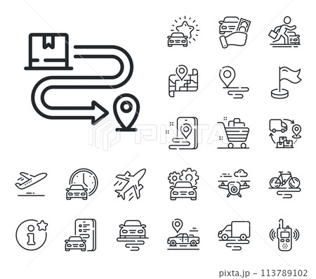 Package location sign. Plane, supply chain and place location outline icons. Delivery service line icon. Tracking parcel symbol. Delivery service line sign. Taxi transport, rent a bike icon. Vector Package location sign. Plane, supply chain and place location outline icons. Delivery service line icon. Tracking parcel symbol. Delivery service line sign. Taxi transport, rent a bike icon. Vector 113789102