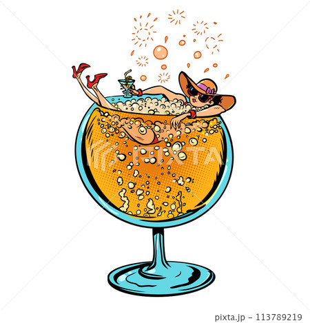A girl floats in a glass of alcohol. Summer offers for tourists at the resort. Seasonal menu for bars, restaurants and pubs. 113789219