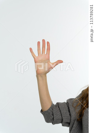 Female hand pointing up with finger number five. 113789281