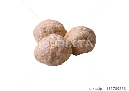 Delicious healthy steamed chicken cutlets or minced meatballs 113789288