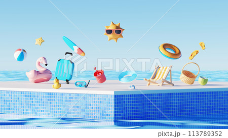 3D render, minimal Travel Summer elements in holiday with empty space background, cosmetic scene for mock up, beach swim elements decoration, Holiday vacation concept. 113789352