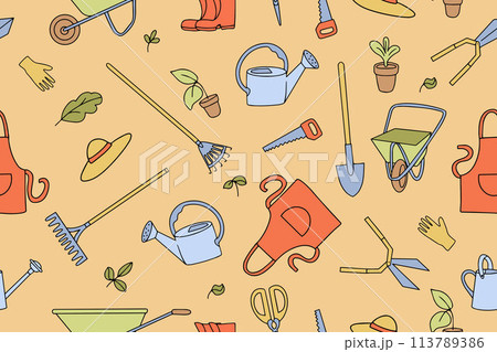 Seamless pattern of garden tools in doodle style. Watering can, hoe, bucket, hose, pitchfork, shovel, wheelbarrow, trowel, pruning shears, tree seedlings, garden fork, rake and other linear icons Seamless pattern of garden tools in doodle style. Watering can, hoe, bucket, hose, pitchfork, shovel, wheelbarrow, trowel, pruning shears, tree seedlings, garden fork, rake and other linear icons 113789386