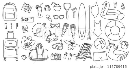 Hand drawn set of summer holiday elements, luggage, swimwear and beach accessories. Travel element drawn in doodle style. Illustration for banner, background, badge, logo design. Vector 113789416
