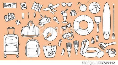 Hand drawn set of summer holiday elements, luggage, swimwear and beach accessories. Travel element drawn in doodle style. Illustration for banner, background, badge, logo design. Vector 113789442