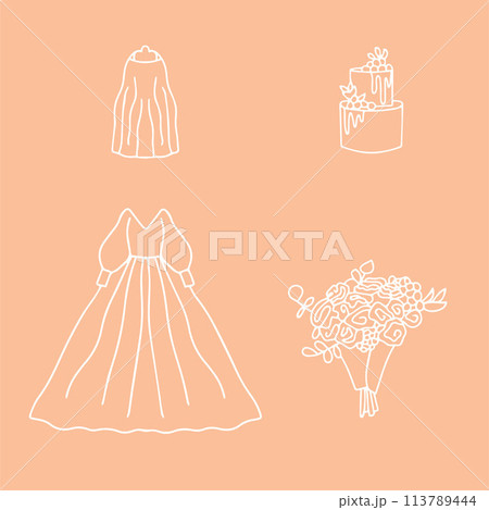 Wedding set of doodle flowers, cake, wedding dress and veil. Vector illustration 113789444