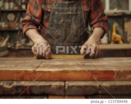 A man is measuring a piece of wood with a tape measure in a workshop setting. 113789446