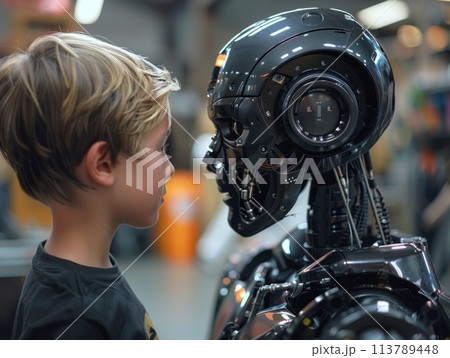 A young boy intensely observes a functioning robot in a technology exhibition. 113789448