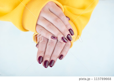 Women's hands in yellow sweatshirt with stylish blackberry color manicure on nails. Women's hands in yellow sweatshirt with stylish blackberry color manicure on nails. 113789668