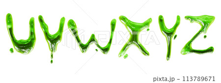 3D slime alphabet set, Halloween zombie green drip goo render text, liquid toxic spooky letters.  113789671