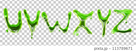 3D slime alphabet set, Halloween zombie green drip goo render text, liquid toxic spooky letters.  113789671