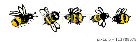 Set of cute funny bees. child drawing . hand drawing. Not AI. Vector illustration Set of cute funny bees. child drawing . hand drawing. Not AI. Vector illustration 113789679